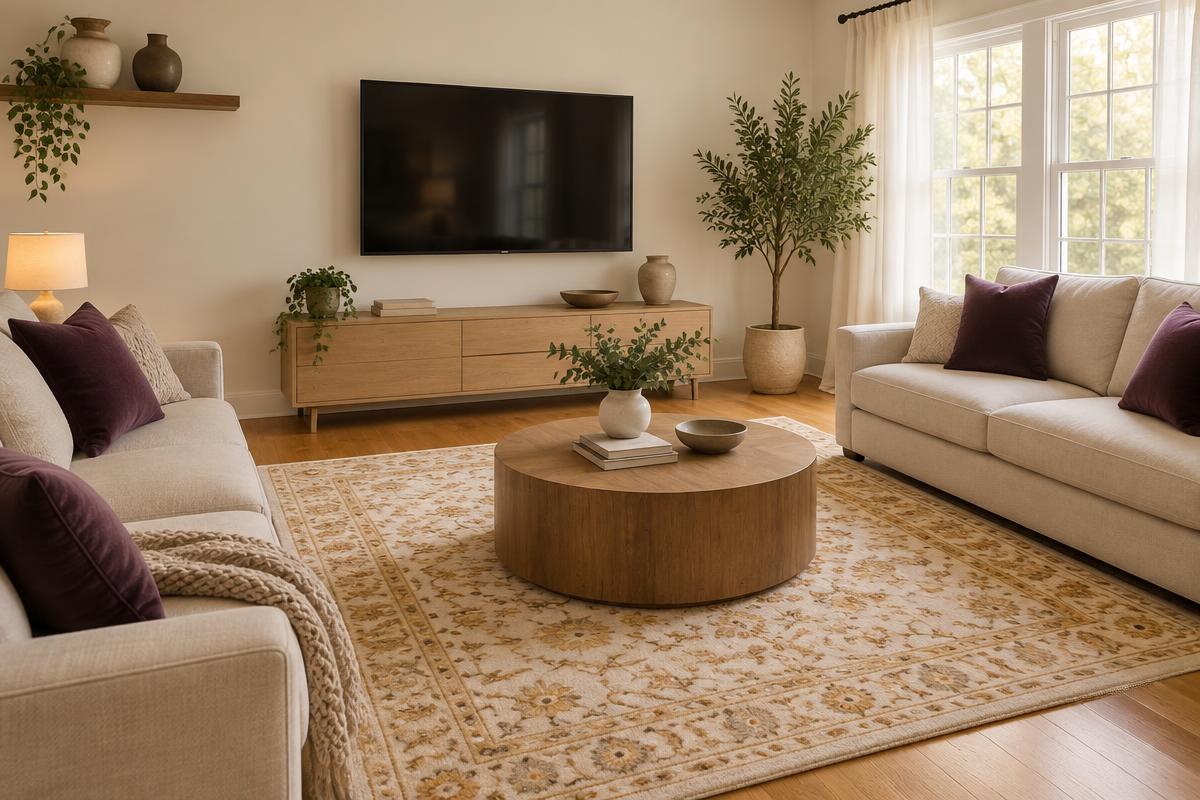 A warm shared living room with two sofas facing a wall-mounted television